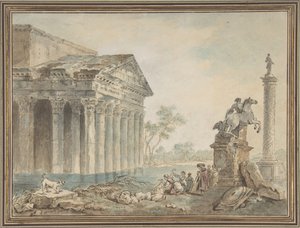 Arkkitehtoninen Capriccio, jossa on roomalaisia monumentteja ja pesunaisia, n.d. tekijältä Manner of Hubert Robert