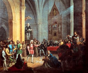 Christopher Columbus lukemassa Royal Pragmaticia, yksityiskohta Manuel Cabral y Aguado Bejaranon maalauksesta. 1800-luvulla