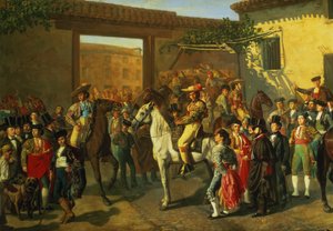 Hevoset pihalla härkätaisteluareenan vieressä ennen härkätaistelua, Madrid, 1853 (yksityiskohta) tekijältä Manuel Castellano