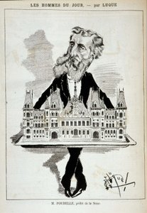 Seinen prefektin M. Poubellen sarjakuva, joka kantaa Pariisin kaupungintaloa tasangolla - Dess. Luque, elokuvassa "La Caricature", 13.8.1887¿