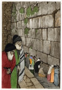 Juutalaiset Ittumuurin edessä, ainoan jäännöksen kuningas Salomon vuonna -950 rakentamasta Jerusalemin temppelistä. Manuel Orazzin (1860-1934) kaiverrus teoksessa "" L