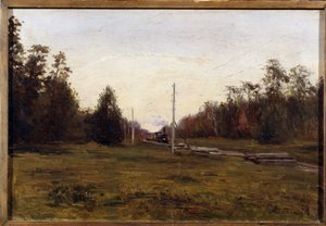Maisema junan kanssa. Manuil Christoforovich Aladzhalov (1862-1934) maalaus. Öljy pahville, 29,5 x 43,5 cm. Venäjän taidetta 1900-luvun alussa. Alueellinen taidemuseo, Plyos. ©FineArtImage/Leemage tekijältä Manuil Christoforovich Aladzhalov