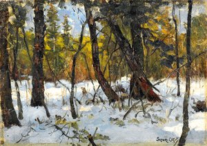 Metsä talvella (öljy paperille asetettu aluksella) tekijältä Marc Aurele de Roy Suzor Cote