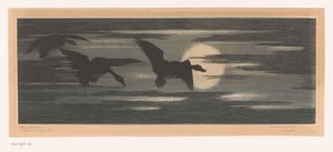 Kolme ankkaa kävelemässä laskevan auringon ohi tekijältä Marc Henry Meunier (attributed to)