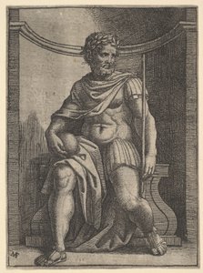 Rooman keisari istuu kapealla maapalloa ja valtikkaansa pitelevänä..., n. 1500-1534. tekijältä Marcantonio Raimondi
