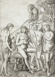 Apollo opettaa muusatarten musiikkia tekijältä Marcantonio Raimondi