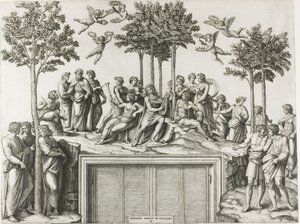 Apollo Parnassuksella, Musien ja runoilijoiden ympäröimänä tekijältä Marcantonio Raimondi
