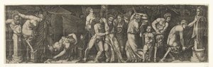 Bacchanal humalaisen Bacchuksen ja Satyrien ja Maenadien kanssa tekijältä Marcantonio Raimondi