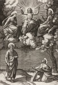 Kristus, Neitsyt ja Pyhä Johannes Kastaja pyhien Paavalin ja Katariinan kanssa, 1520-25 tekijältä Marcantonio Raimondi