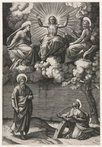 Kristus, Neitsyt ja Pyhä Johannes Kastaja pyhien Paavalin ja Katariinan kanssa, n. 1520-1525. tekijältä Marcantonio Raimondi