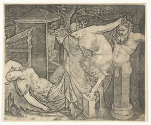 Fragmentti Bacchanalista, jossa on Satyr Woman ja Herme ja Sleeping Bacchante tekijältä Marcantonio Raimondi