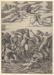 Galatea seisoo kahden delfiinin vetämissä vesivaunuissa, tritonien ympäröimänä, nere..., 1515-16. tekijältä Marcantonio Raimondi