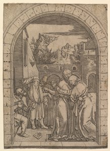 Joachim syleilee Pyhää Annaa kultaisen portin alla Jerusalemissa Dürerin jälkeen, n. 1500-1534. tekijältä Marcantonio Raimondi