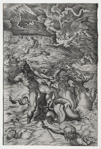 Neptunus rauhoittaa myrskyn, jonka Aeolus nosti Aeneasin laivastoa vastaan tekijältä Marcantonio Raimondi