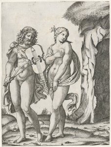 Orpheus soittaa alttoviulua ennen kuin Eurydike menee alamaailmaan tekijältä Marcantonio Raimondi
