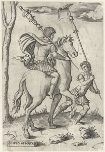 Roomalaiset kenraalit Scipio Africanus Maior hevosen selässä ja Scipio Africanus Minor Roomalaiset sankarit hevosen selässä (sarjan nimi) tekijältä Marcantonio Raimondi