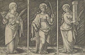 Saint Barbara vasemmalla, Pyhä Katariina, keskellä, Saint Lucy oikea, n. 1500-1527, n. 1500-1527. tekijältä Marcantonio Raimondi