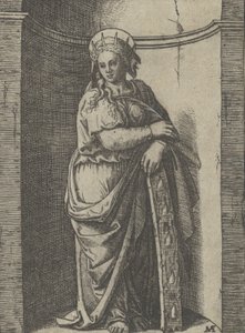 Pyhä Katariina seisoo kapealla, lepää pyörällä, hänen kidutusvälineensä..., n. 1500-1527. tekijältä Marcantonio Raimondi