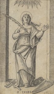 Pyhä Cecilia seisoo kädessä marttyyrikuoleman kämmenellä, merestä..., n. 1500-1527. tekijältä Marcantonio Raimondi