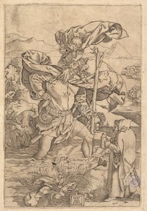 Pyhä Christopher ylittää joen Kristuksen kanssa putton muodossa hänen sh..., n. 1500-1534. tekijältä Marcantonio Raimondi