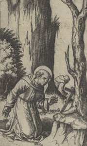 Pyhä Franciscus Assisilainen rukoilee krusifiksin edessä, sarjasta Piccoli Santi..., ca. 1500-1527. tekijältä Marcantonio Raimondi