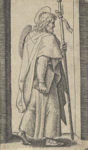 Saint James Major, kirja on hänen oikea kätensä, sauva vasemmassa oikealle, t..., n. 1500-1527. tekijältä Marcantonio Raimondi