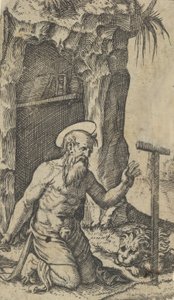 Pyhä Jerome polvistumassa krusifiksin edessä, sarjasta "Piccoli Santi" Small S..., n. 1500-1527. tekijältä Marcantonio Raimondi