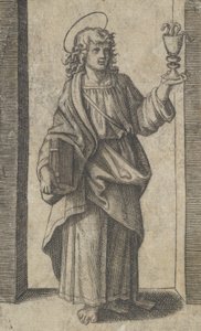 Saint John, kirja oikeanpuoleisessa maljassa vasemmalla, sarjasta "Piccoli Santi" ..., ca. 1500-1527. tekijältä Marcantonio Raimondi