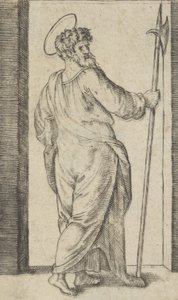 Saint Jude, pitelee halbardia oikeassa kädessään, sarjasta "Piccoli Santi" ..., n. 1500-1527. tekijältä Marcantonio Raimondi