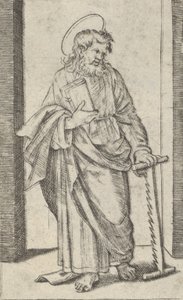 Saint Simon, saha alas lasketussa vasemmassa kädessään, sarjasta "Piccoli Santi" Sma..., n. 1500-1527. tekijältä Marcantonio Raimondi