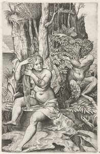 Satyr vakoilee nymfiä wc-tilassaan Pan ja Syrinx tekijältä Marcantonio Raimondi