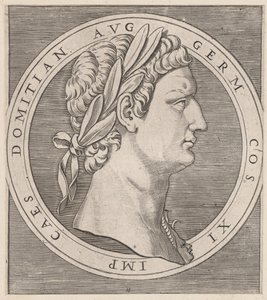 Rooman loiston peili: Domitianus, teoksesta Kaksitoista keisaria, n. 1500-1534, n. 1500-1534. tekijältä Marcantonio Raimondi