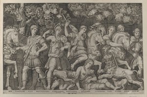 Rooman loiston peili: Leijonanmetsästys, n. 1500-1534, n. 1500-1534. tekijältä Marcantonio Raimondi
