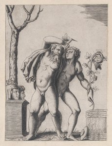 Roomalaisen loiston peili: Nuori ja vanha Bacchant, n. 1514-36, n. 1514-36. tekijältä Marcantonio Raimondi