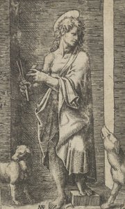 St Lazarus kahden koiran rinnalla sarjasta "Piccoli Santi" Small Saints, c..., ca. 1500-1527. tekijältä Marcantonio Raimondi