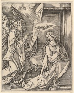 Marian ilmestys, vasemmalla arkkienkeli Gabriel lähestyy rukoilevaa Neitsyt..., n. 1500-1534. tekijältä Marcantonio Raimondi