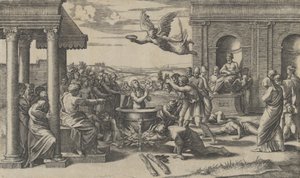 Pyhän Cecilian marttyyrikuolema, joka seisoo alasti suuressa kattilassa, vasemmalla alla..., n. 1520-25.