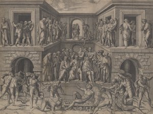 Pyhän Laurentiuksen marttyyrikuolema Bandinellin jälkeen, n. 1520. tekijältä Marcantonio Raimondi