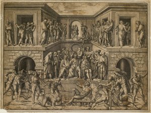 Pyhän Laurentiuksen marttyyrikuolema, n. 1525 tekijältä Marcantonio Raimondi