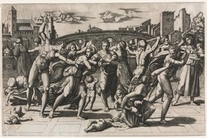 Viattomien verilöyly ilman kuusipuuta, n. 1513-1515. tekijältä Marcantonio Raimondi
