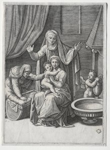 Neitsyt ja kehto Pyhän Elisabetin ja Pyhän Annan kanssa, 1520. tekijältä Marcantonio Raimondi