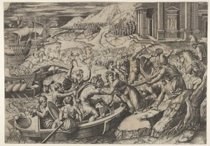 Helenin sieppaus, taistelukohtaus rannalla, jossa kaksi miestä vetää Helenin b..., n. 1520-27. tekijältä Marcantonio Raimondi