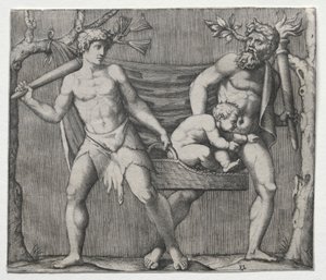 Kaksi faunia kantamassa lasta korissa, n. 1513-1515. tekijältä Marcantonio Raimondi