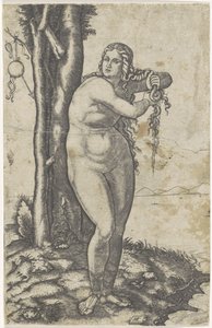 Venus seisoo veden äärellä ja puristaa vettä hiuksistaan Venuksen syntymä tekijältä Marcantonio Raimondi