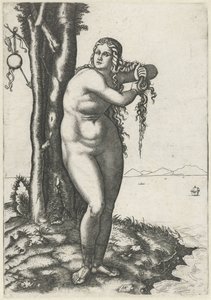 Venus seisoo veden äärellä ja puristaa vettä hiuksistaan Venuksen syntymä tekijältä Marcantonio Raimondi