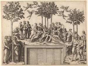 Apollo Parnassuksella tekijältä Marcantonio Raimondi after Raphael