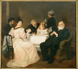 Francisque Sarcey, kirjallisuuskriitikko, Adolphe Brissonin tyttären luona... (maalaus kankaalle) tekijältä Marcel Andre Baschet