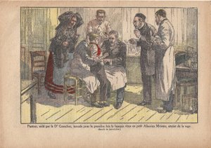 Pasteur, tohtori Grancherin avustamana, rokotti kuuluisan viruksen ensimmäistä kertaa pieneen elsassiläiseen isäntiin, joka oli saanut raivotaudin., Le Pèlerin, 11.5.1922 (tulostus) tekijältä Marcel Lecoultre