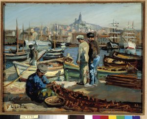 Kalastajat Marseillen sataman laiturilla Marcel Leprinin maalaus (1891-1933) Pakollinen maininta: Collection fondation regards de Provence, Marseille