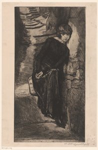 Mustaan ​​pukeutunut nainen nojaa seinää vasten Misère de misère (otsikko esineessä) Girl of ilo (sarjan nimi) Fille de Joie (sarjan nimi esineellä) tekijältä Marcel Roux (signed by artist)